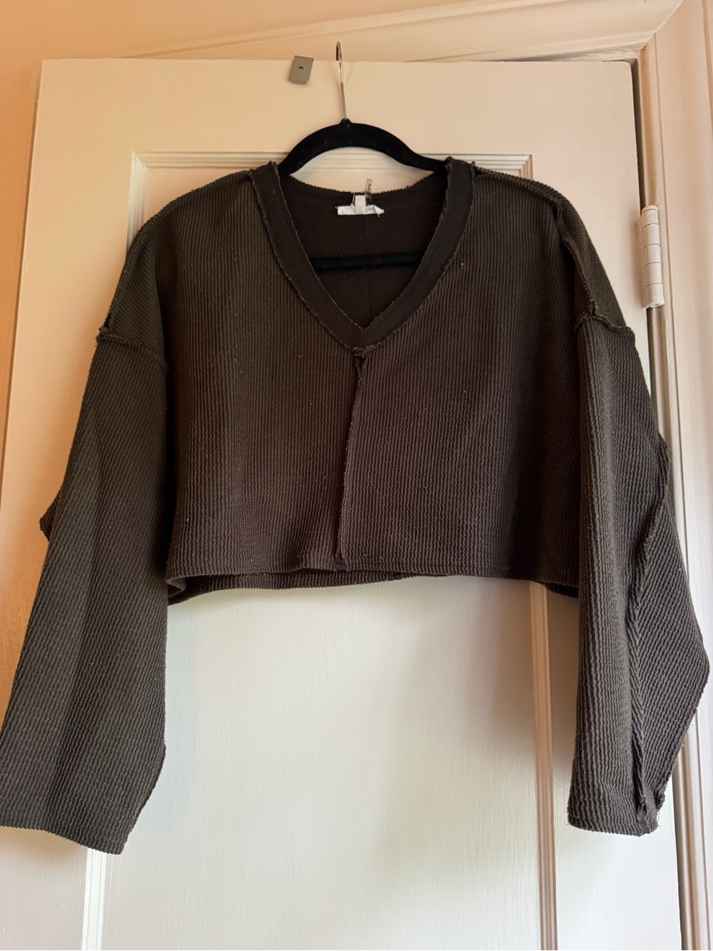 Cropped V-Neck Waffle Knit Top in Dark Olive Green